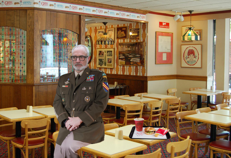 General Stoveboult stands inside Wendy's restaurant